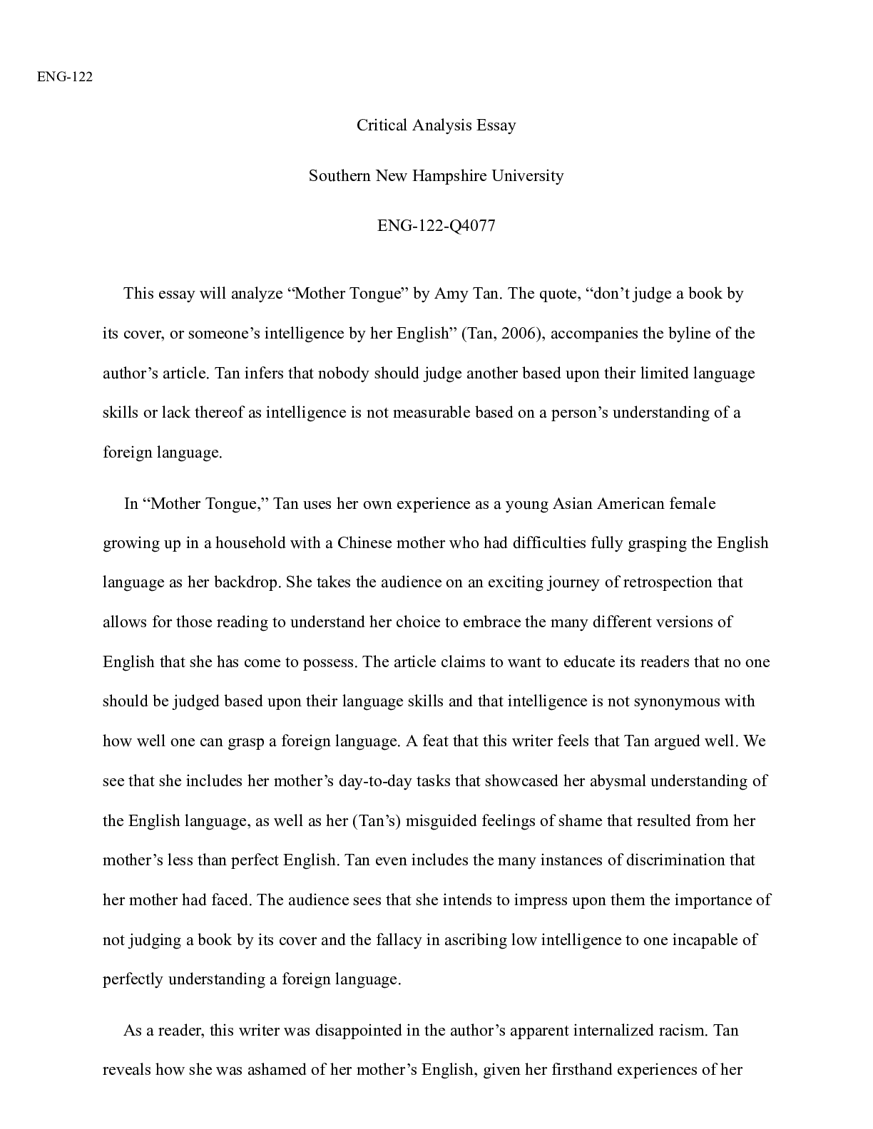 Preview image for Critical Analysis Essay Final Draft.docx  ENG-122  Critical Analysis Essay  Southern New H